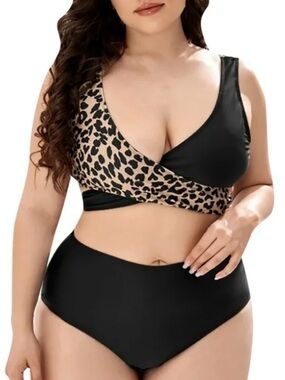 New Plus Size Leopard Wrap High-Waist Bikini Set - Size 4XL